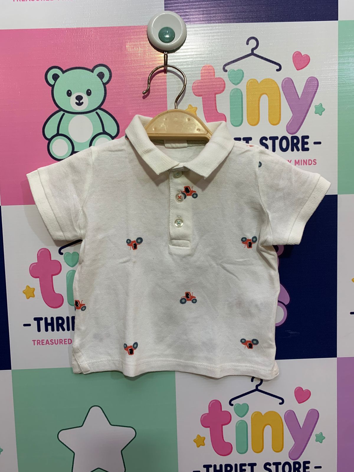 Baby Boy White Pique Polo with Tractor Embroidery - Size 68 (3-6M) AB1