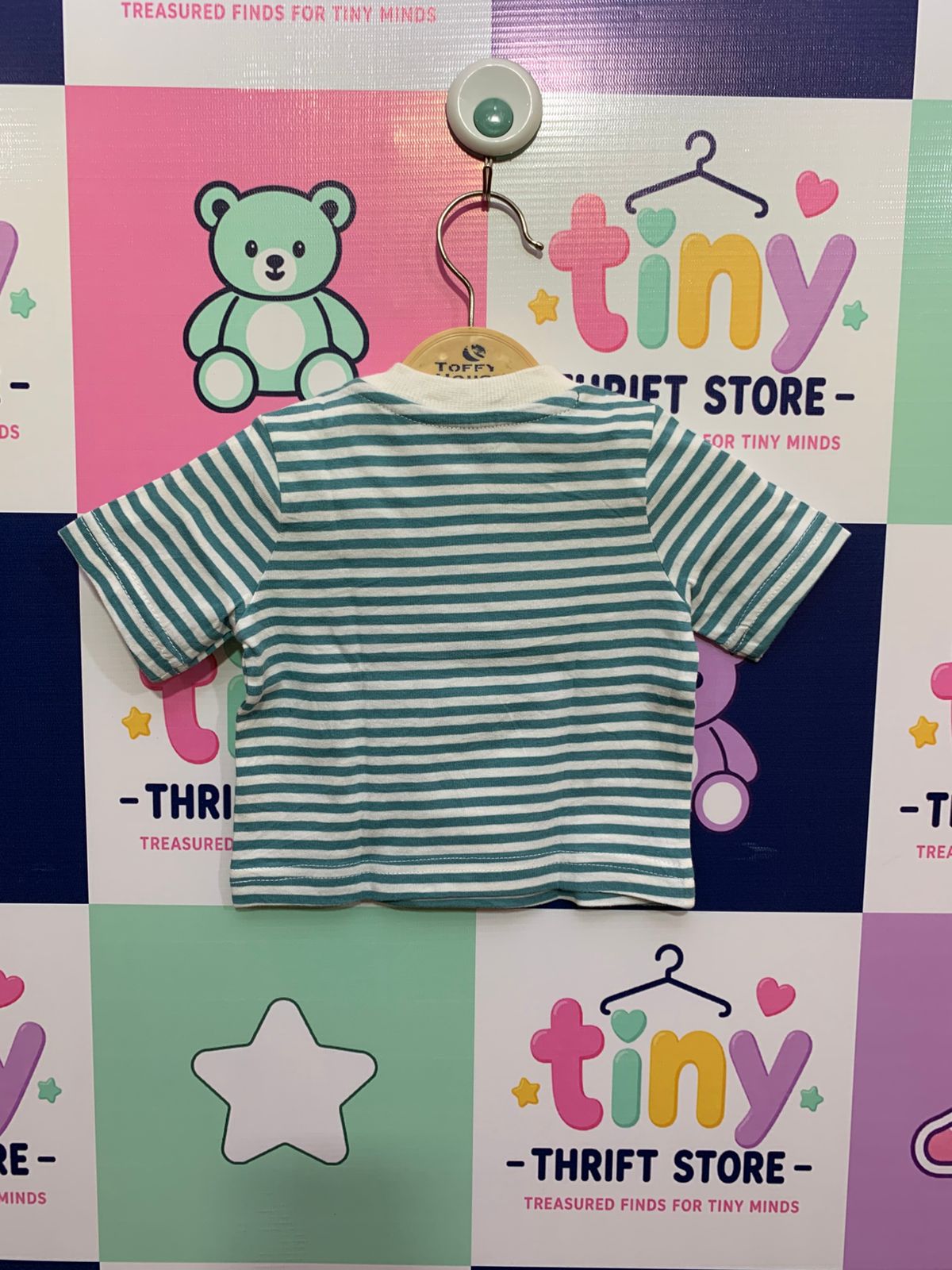 Nutmeg Baby Boy Striped Cotton Tee - Teal/White, Size 6-9 Months AB1
