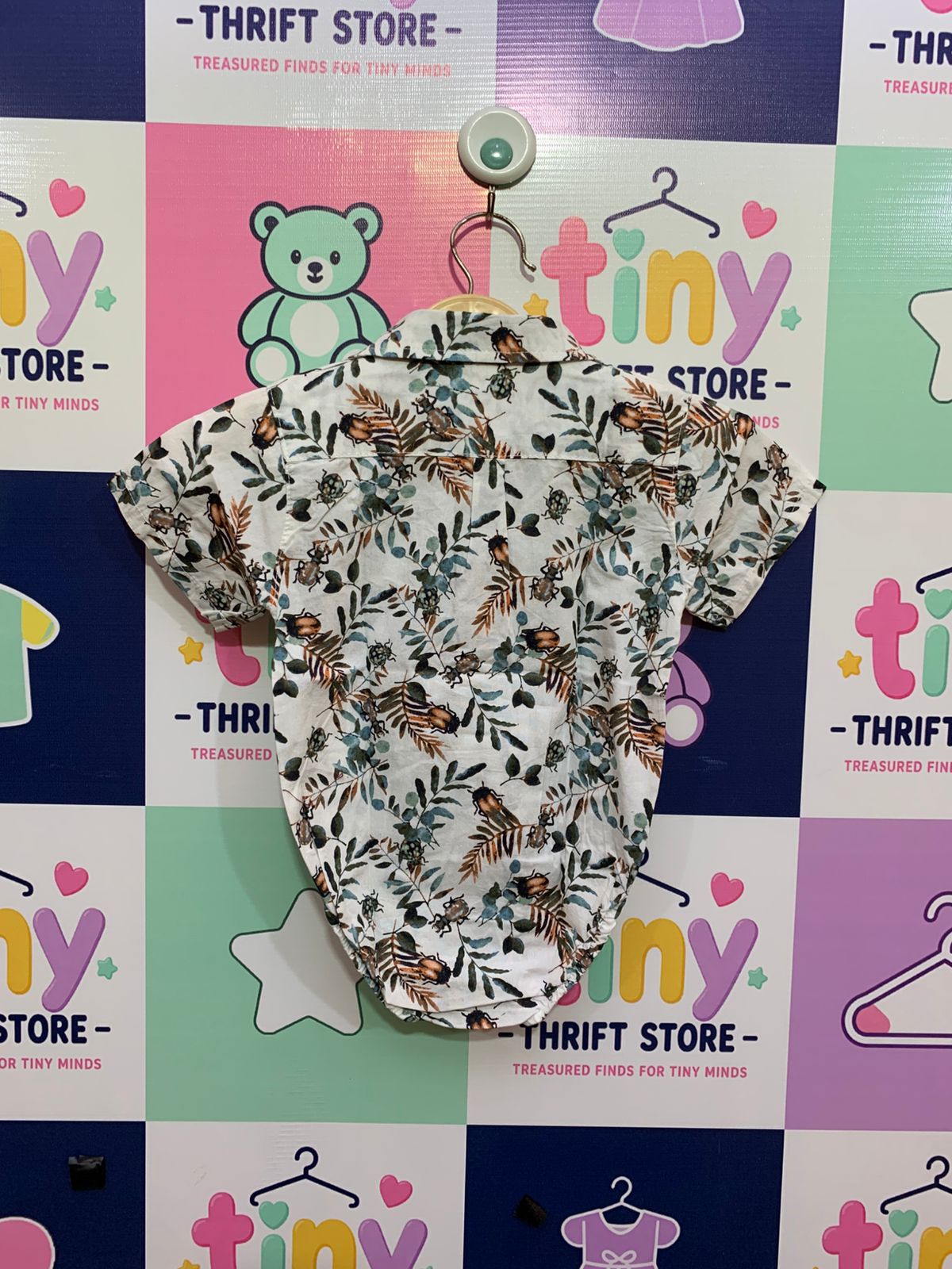 Mick Mack Ltd. Baby Boy Botanical Beetle Print Romper Shirt – 6/9 Months AB1