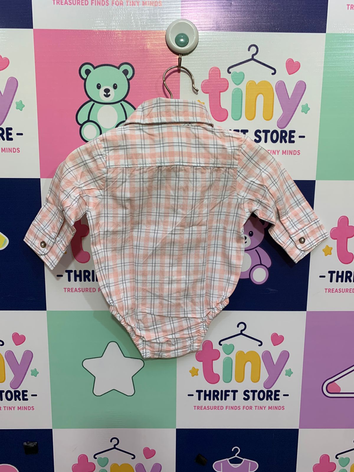 Carter’s "Just One You" Baby Boy Plaid Button-Down Bodysuit - Peach & Grey Check (Size: 3M) AB1
