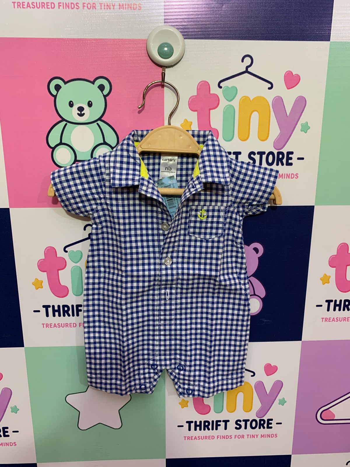 Carter’s Newborn Boy Blue Gingham Snap-Up Romper - Anchor Embroidery (Size: NB) AB1