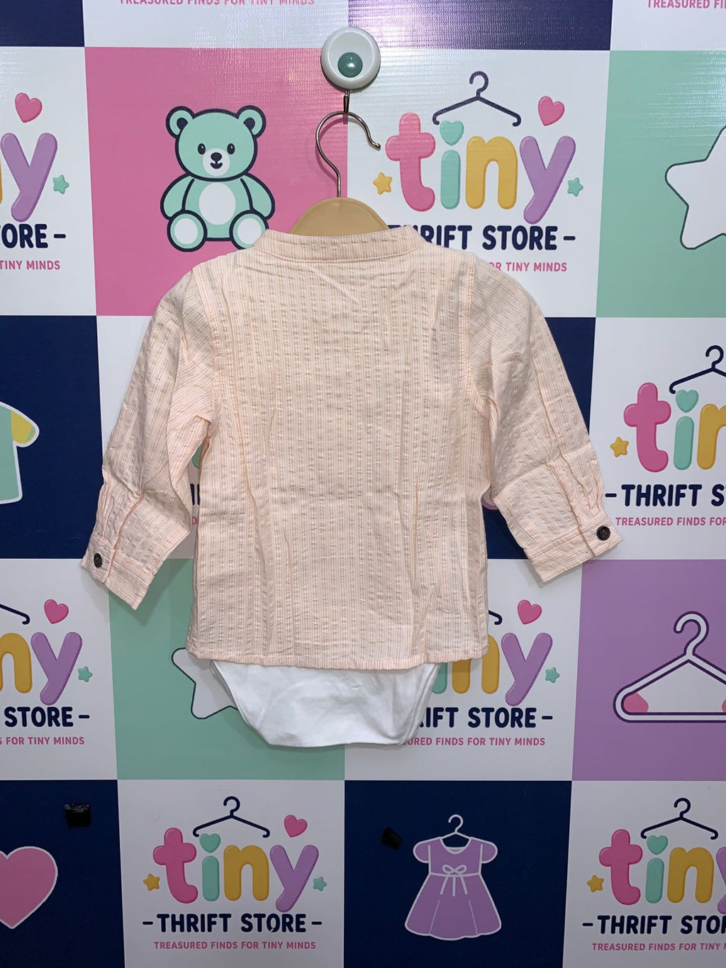 Infant Boys' Peach Seersucker Striped Shirt Bodysuit (Long Sleeve) AB1