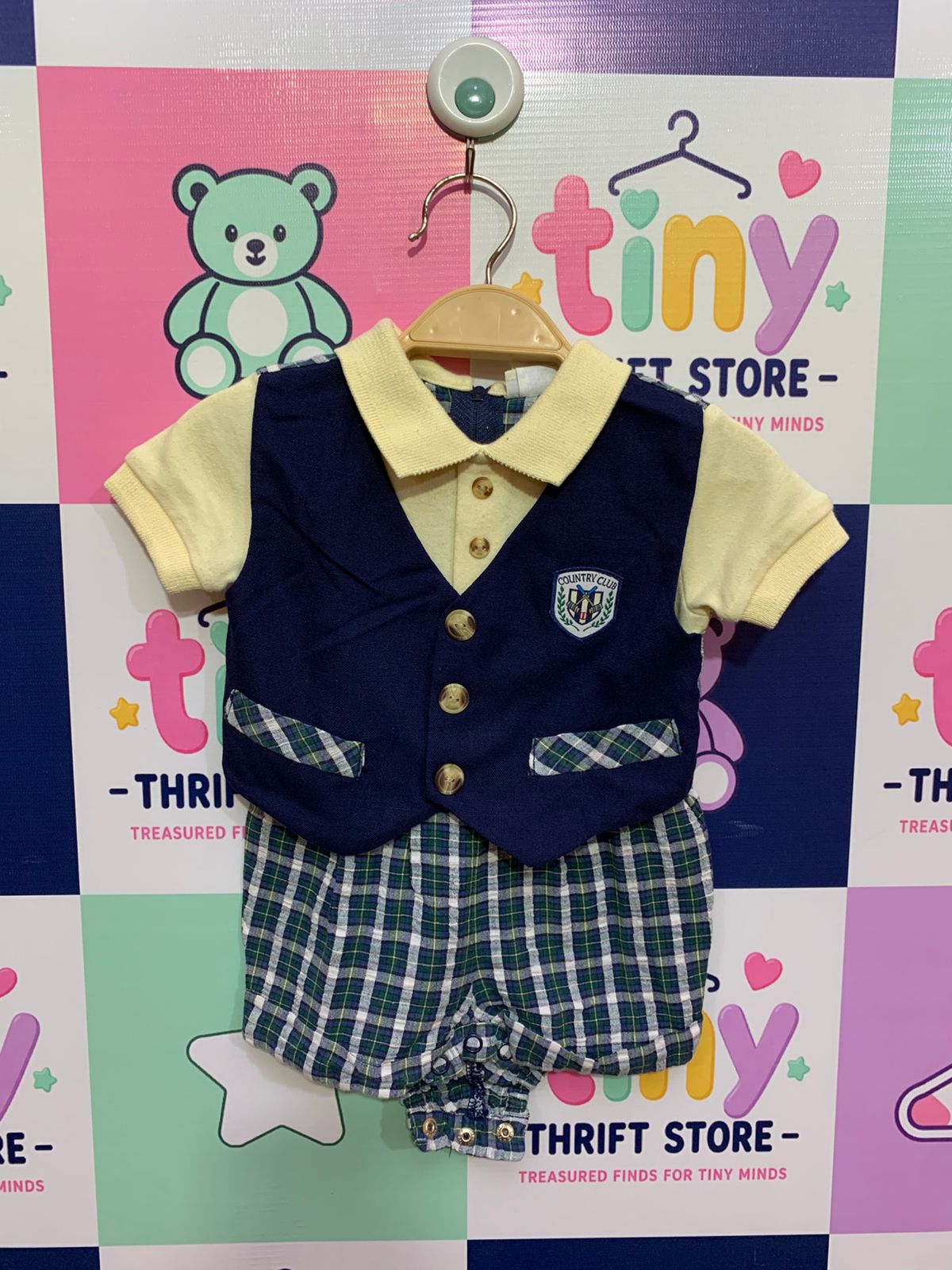 "Vintage Baby Togs infant boys romper, 3-6 months, navy blue vest with Country Club crest and green plaid shorts. Classic formal baby boy outfit."