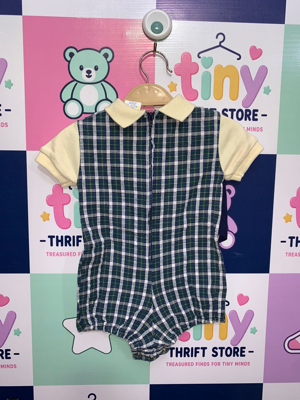 Vintage Baby Togs "Country Club" 2-Piece Style Romper – Navy & Green Plaid (3-6 Months) AB1