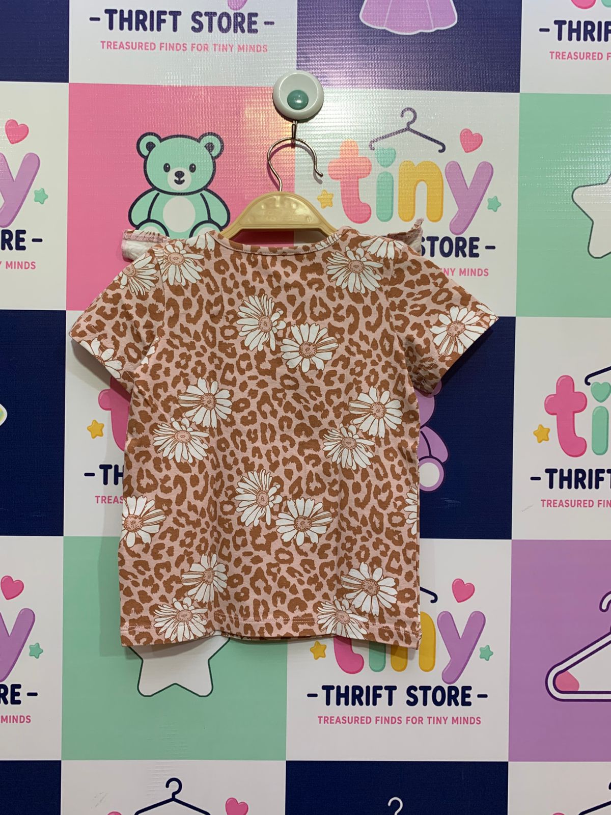 Dymples Baby Girl Leopard & Daisy Print Ruffle Top (Size: 1 / 18 Months) AB1