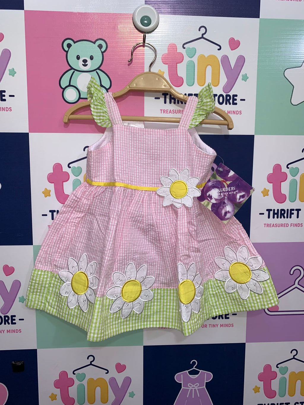 Front view of Blueberi Boulevard baby girl dress in pink and green gingham with large white daisy appliques.