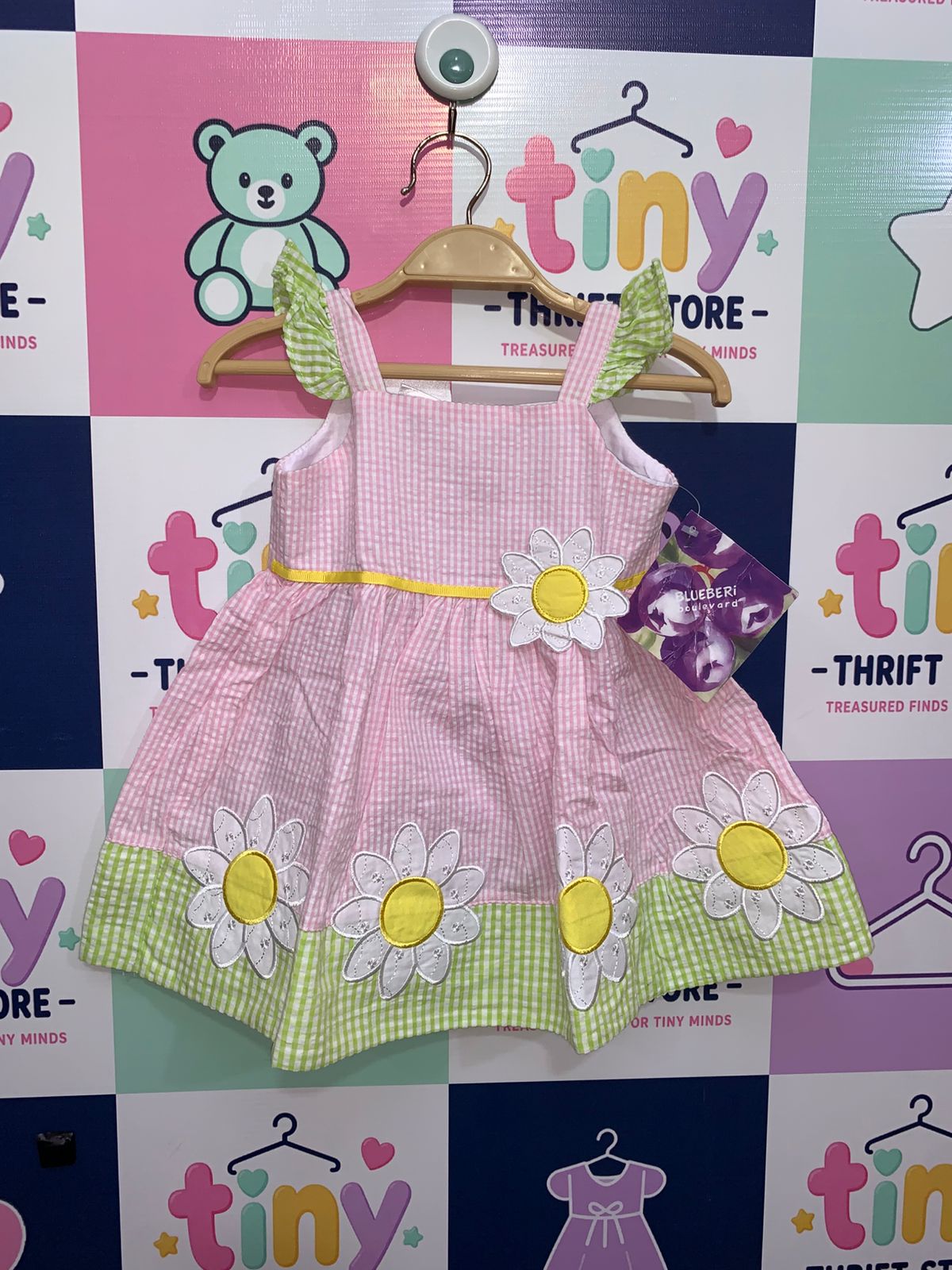 Front view of Blueberi Boulevard baby girl dress in pink and green gingham with large white daisy appliques.