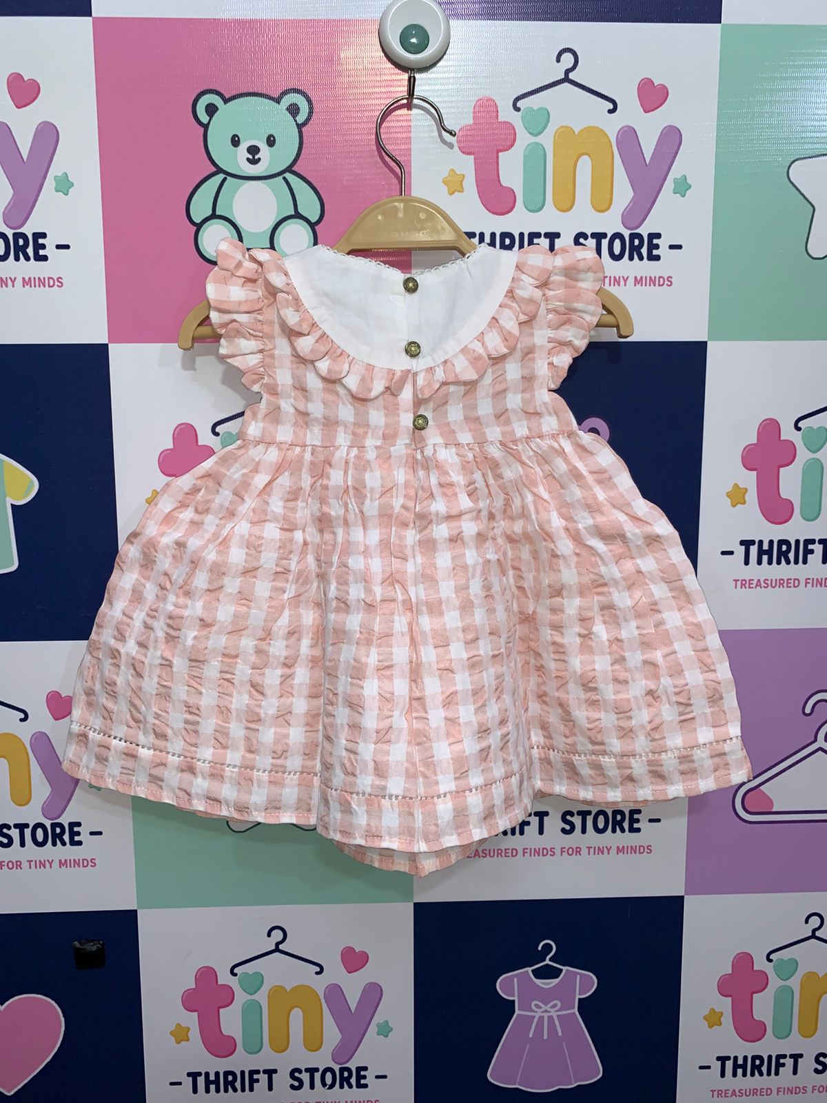 Tahari Baby Girls Peach & White Gingham Seersucker Dress with Embroidered Collar – Size 6/9M AB1