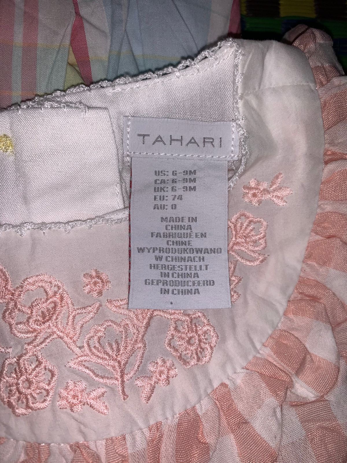 Tahari Baby Girls Peach & White Gingham Seersucker Dress with Embroidered Collar – Size 6/9M AB1