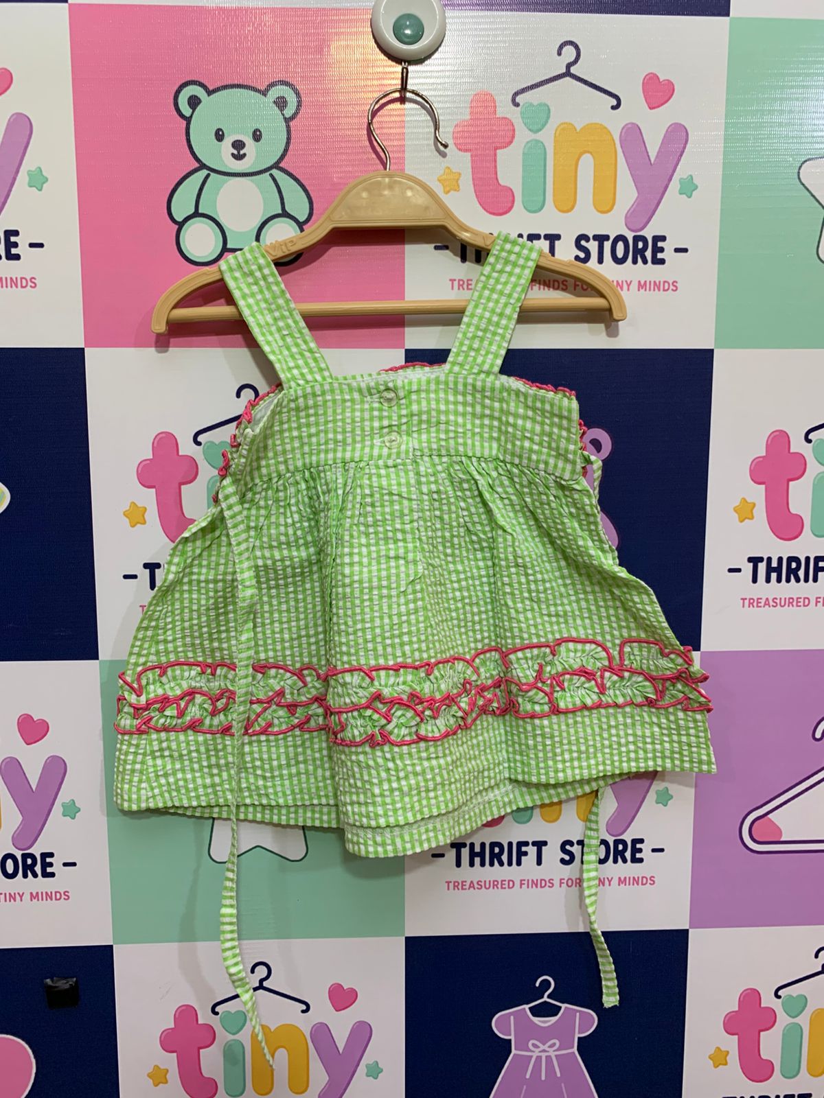 Rare Editions Baby Girls Lime Green & Pink Gingham Seersucker Dress with Monkey Applique – Size 3/6M AB1