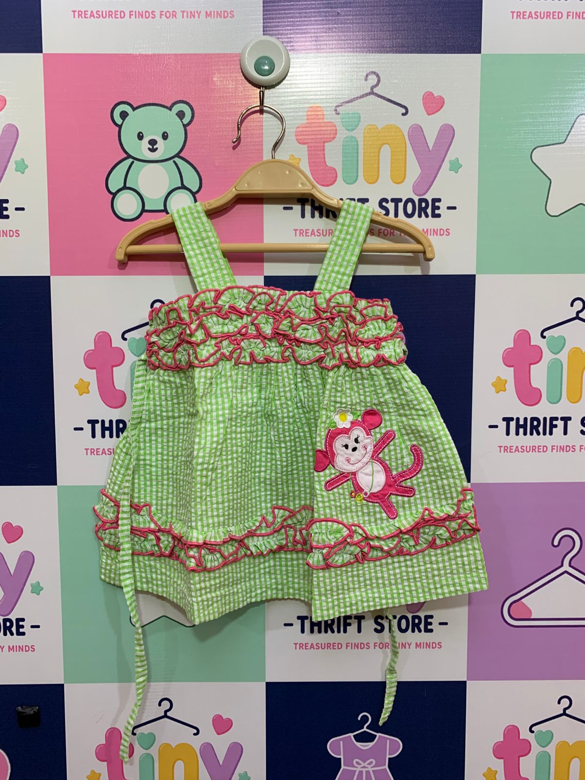 Rare Editions baby dress, lime green gingham dress, monkey applique baby clothes, 3-6 months baby girl summer dress, pink and green seersucker infant outfit, Tiny Thrift Store kids, boutique baby fashion.