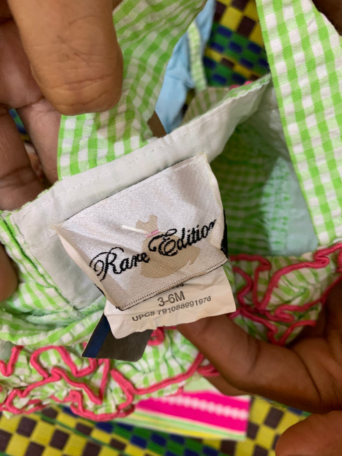 Rare Editions Baby Girls Lime Green & Pink Gingham Seersucker Dress with Monkey Applique – Size 3/6M AB1
