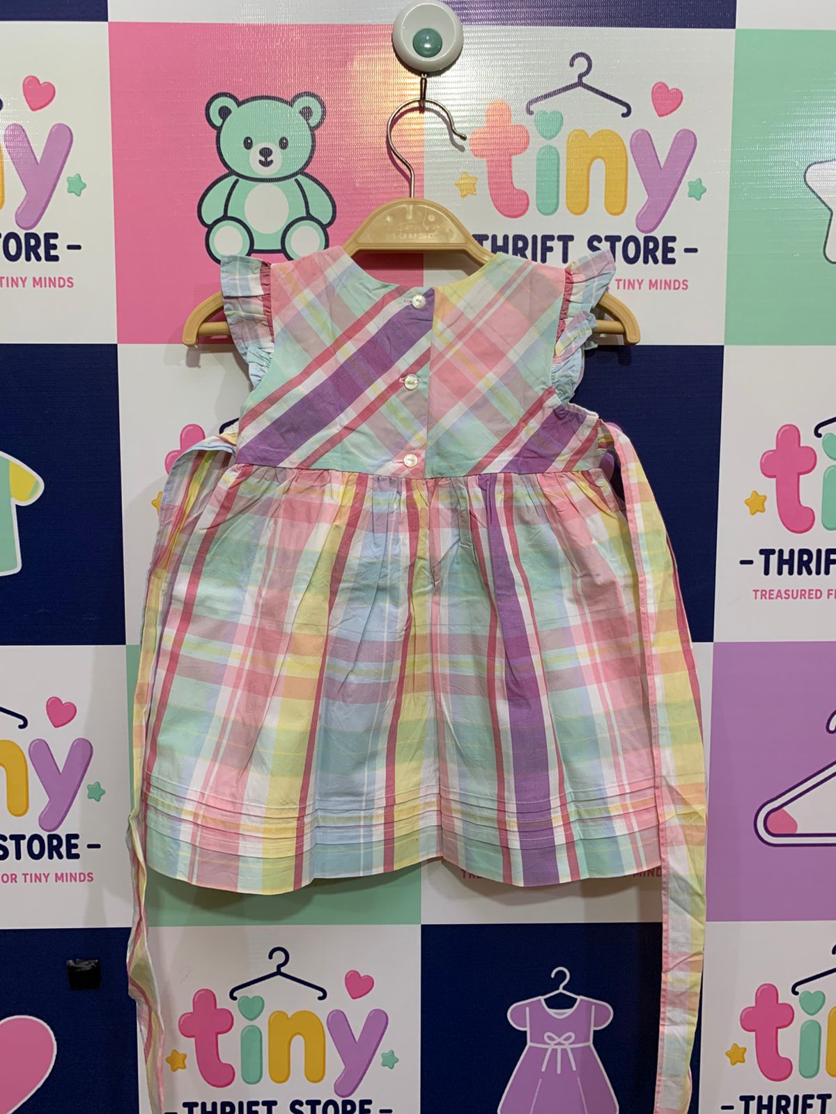 Chaps Baby Girls Multi-Color Plaid Sleeveless Party Dress with Ruffle Trim & Tie-Back - Size 9M AB1