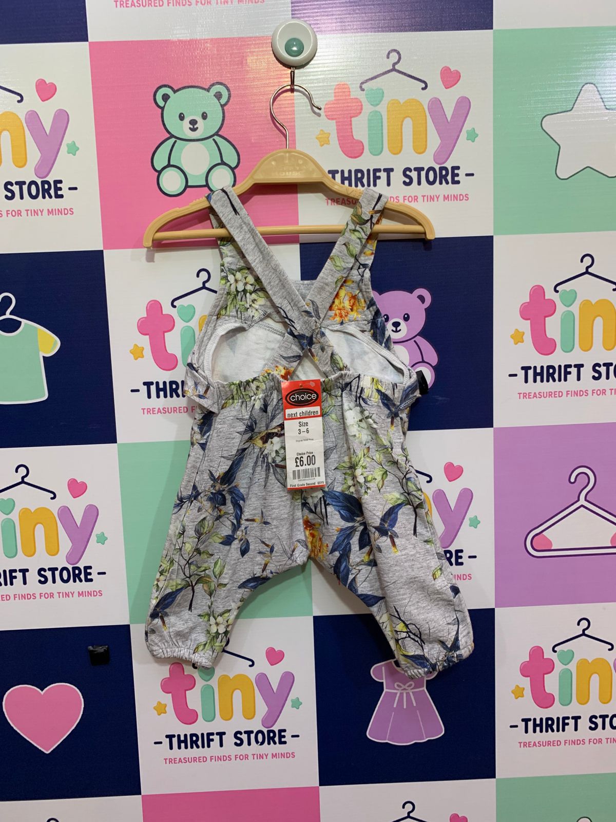 Title: Next Baby Girls Floral Ruffle Romper – Grey Botanical Print Dungarees (3-6 Months) AB1