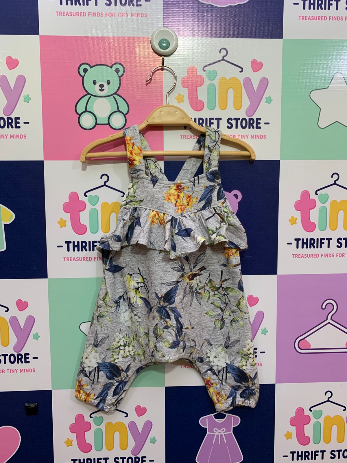 Next baby girls grey floral romper with ruffle chest detail and cross-back straps, botanical print infant dungarees, 3-6 months.
