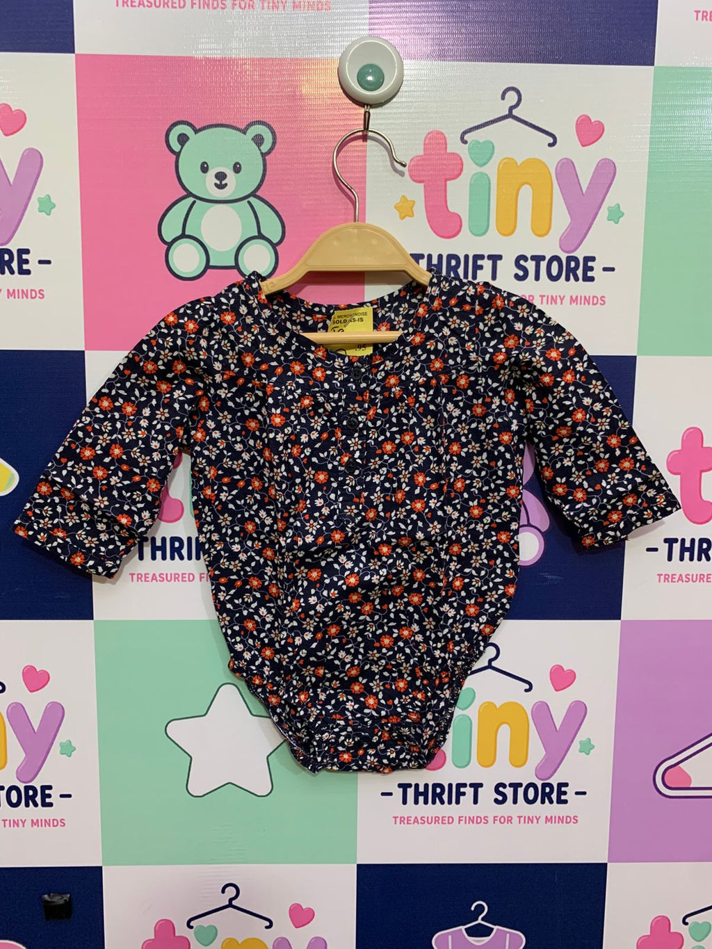 OshKosh B'gosh baby girls navy blue bodysuit with orange floral print, long sleeve infant romper, 6 months size.