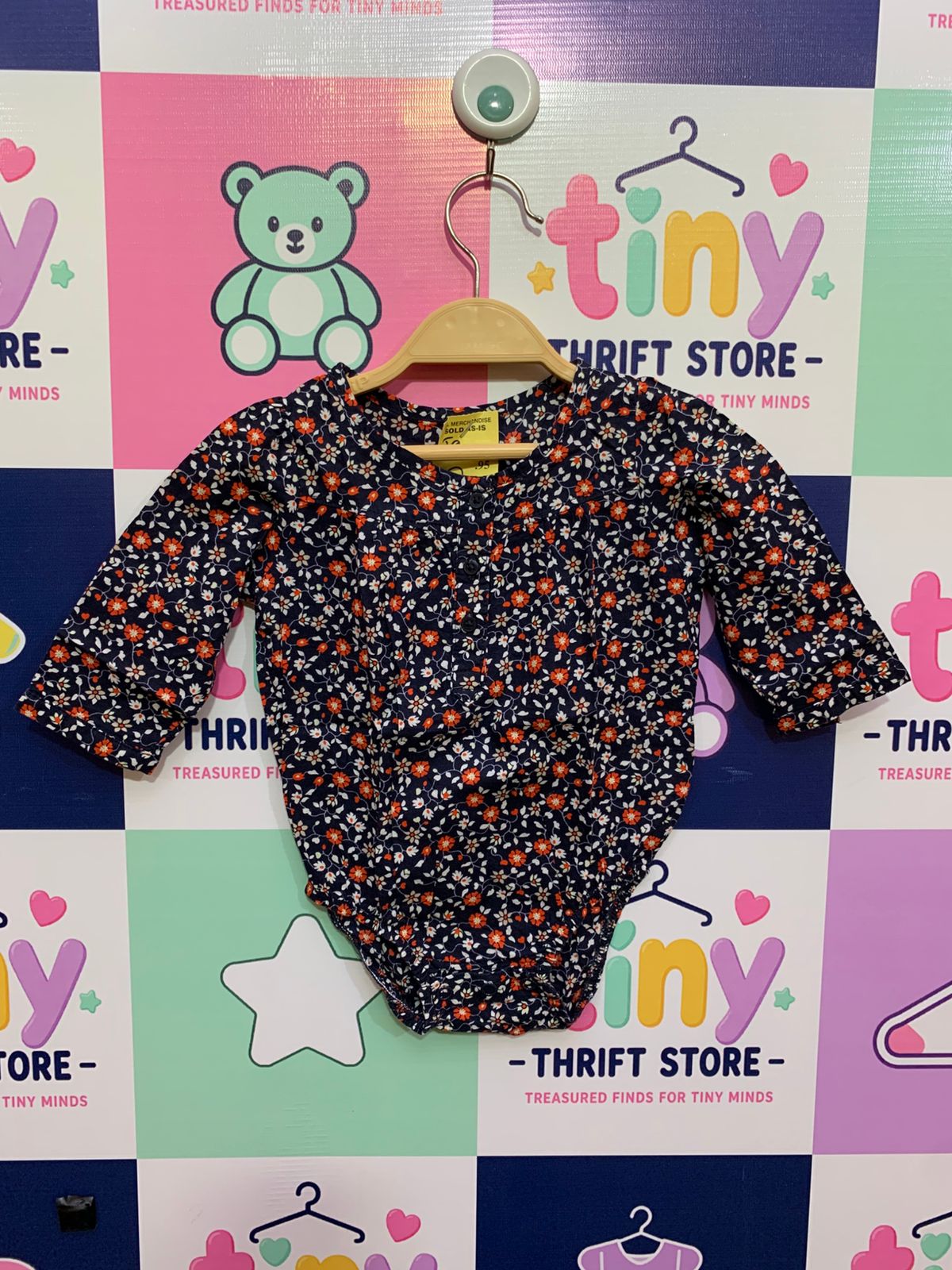 OshKosh B'gosh baby girls navy blue bodysuit with orange floral print, long sleeve infant romper, 6 months size.