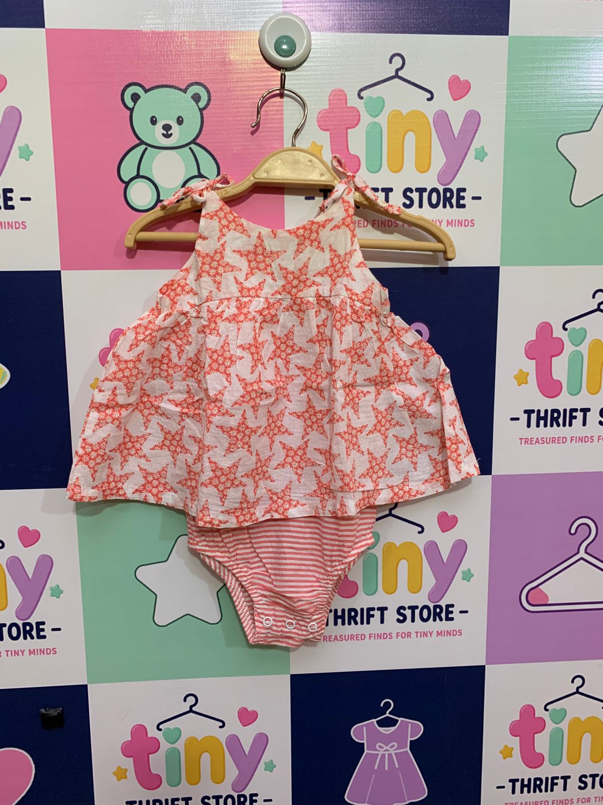 Baby B'gosh by OshKosh 9 months coral floral star dress with striped romper base, tie-shoulder baby girl summer outfit, professional thrift store listing.