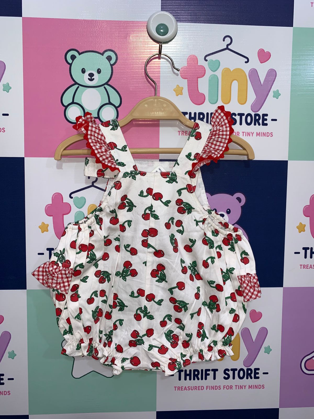 Vintage-Style Walmart Cherry Print Ruffle Baby Romper - Red & White Gingham Trim Bodysuit (3-6 Months) AB1