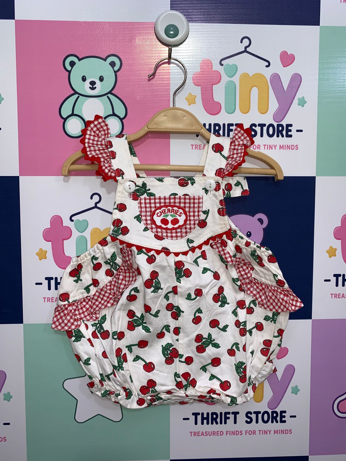 Vintage-Style Walmart Cherry Print Ruffle Baby Romper - Red & White Gingham Trim Bodysuit (3-6 Months) AB1
