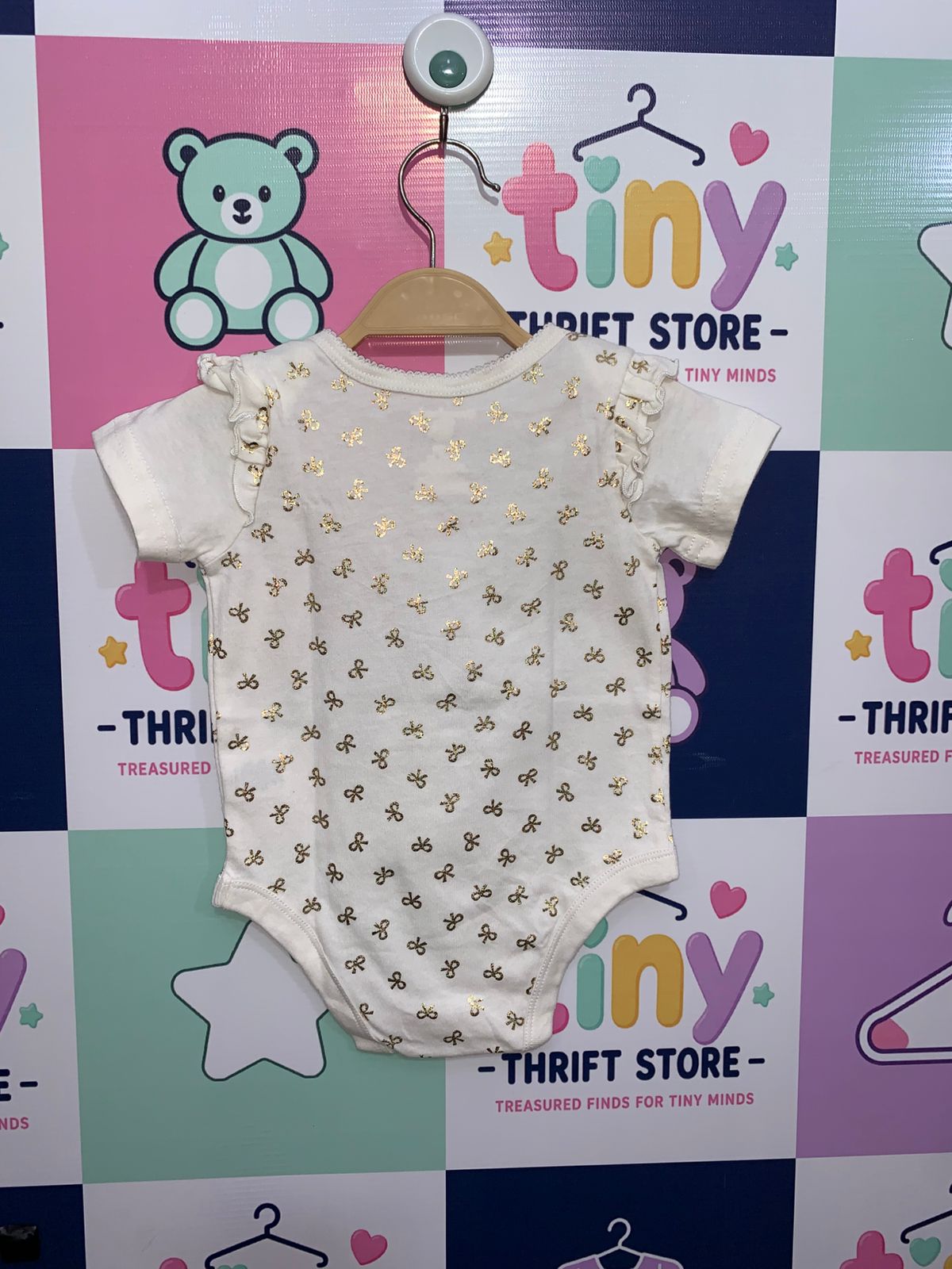 Garanimals Baby Girls' White Flutter Sleeve Bodysuit with Gold Foil Bows - Size 3-6M AB1