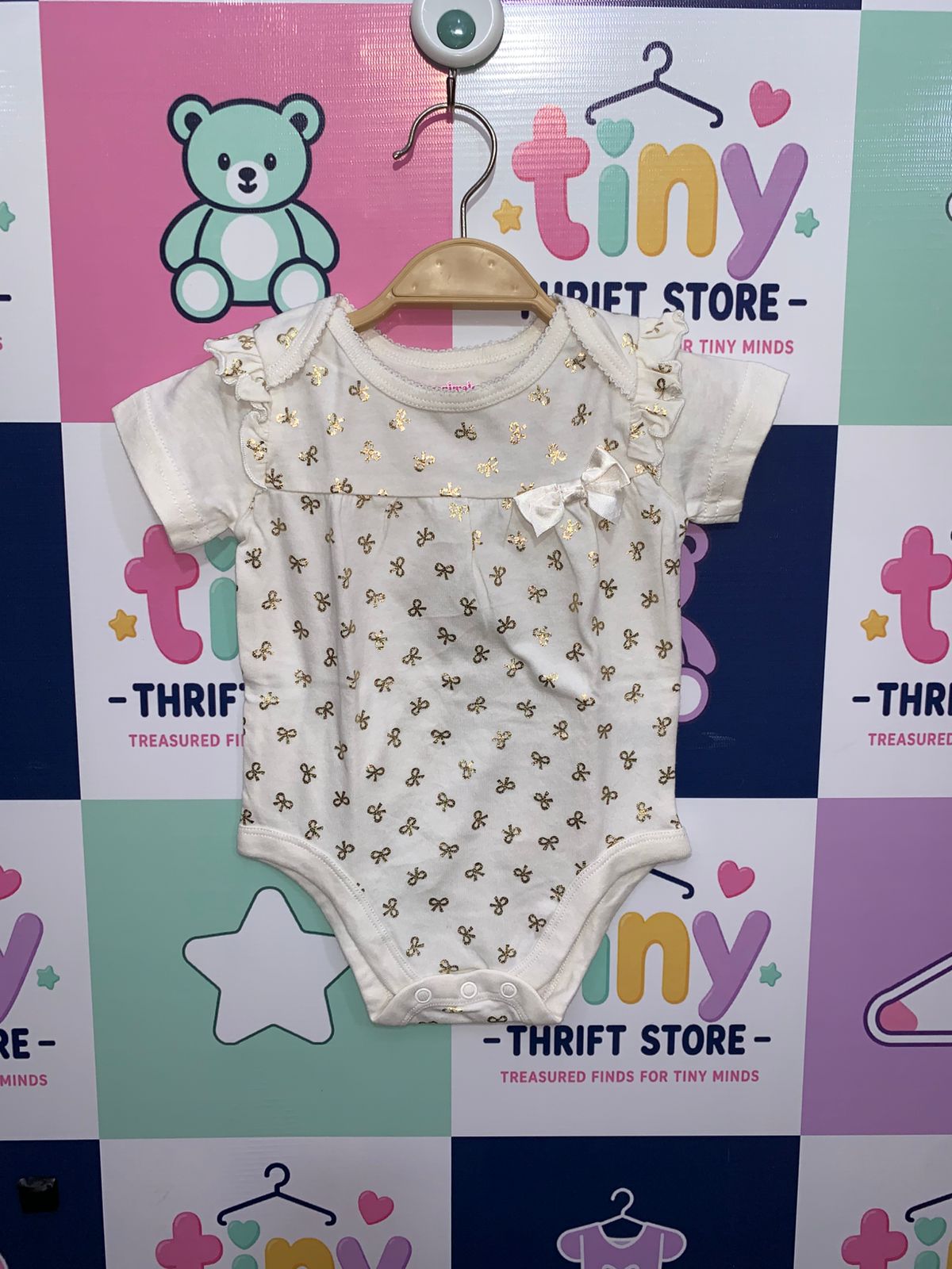 Garanimals Baby Girls' White Flutter Sleeve Bodysuit with Gold Foil Bows - Size 3-6M AB1