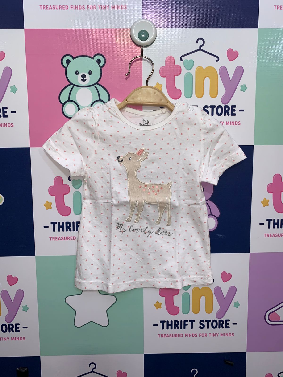 Topomini Baby Girls White & Pink Polka Dot Deer Graphic T-Shirt - Size 74 (6-9M) AB1