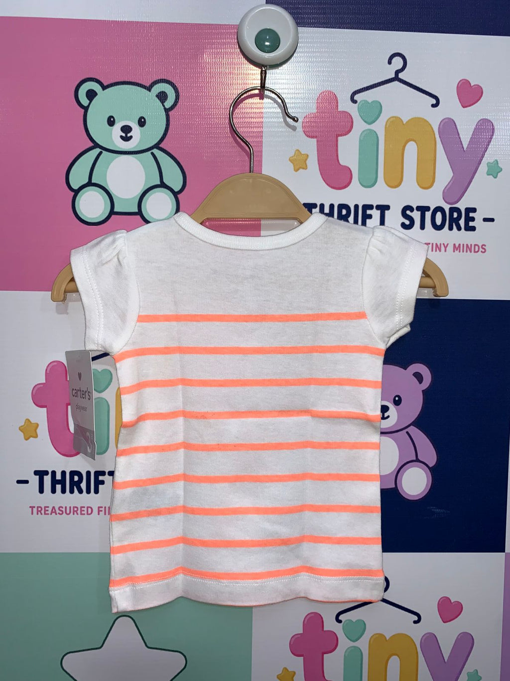 Carter's Baby Girls White & Peach Striped Short Sleeve T-Shirt with Bow - Size 3M AB1