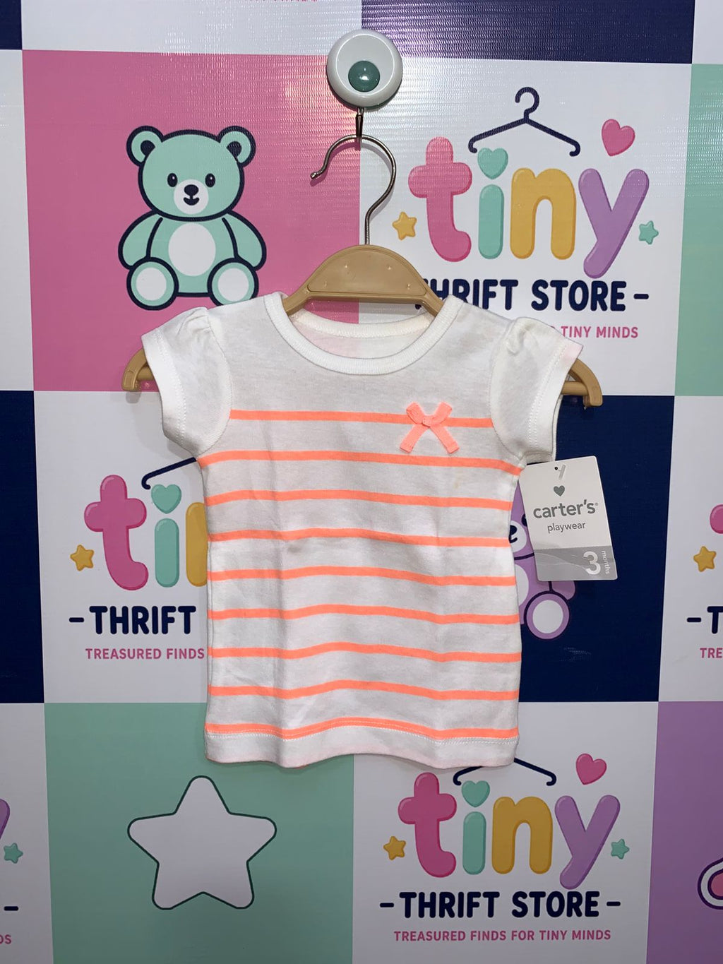 Carter's Baby Girls White & Peach Striped Short Sleeve T-Shirt with Bow - Size 3M AB1