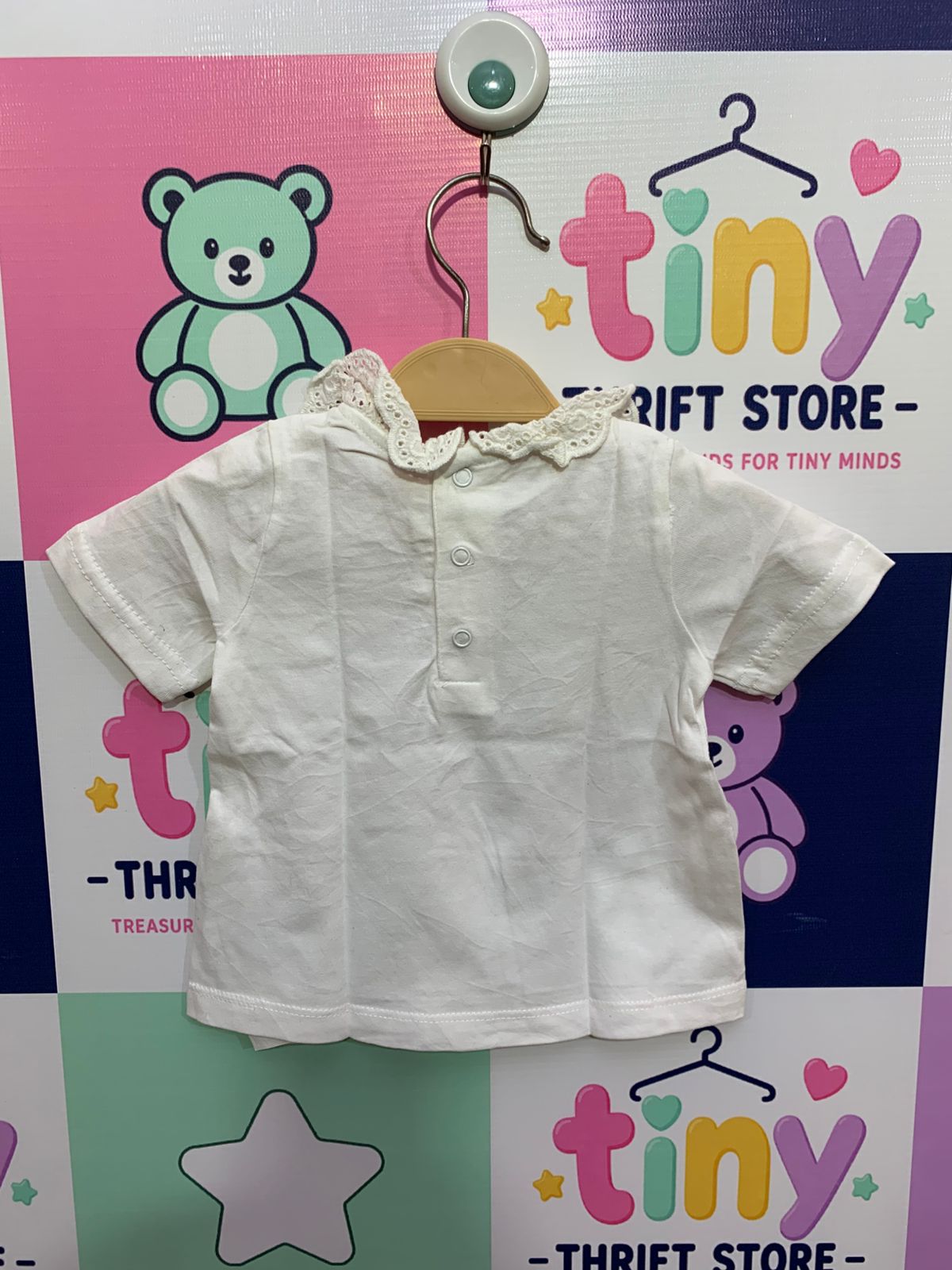 Du Pareil au Même Baby Girl White Lace Collar Deer Graphic Tee – Size 6M (68cm) AB1