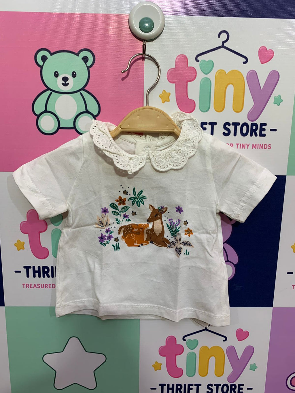 Du Pareil au Même Baby Girl White Lace Collar Deer Graphic Tee – Size 6M (68cm) AB1