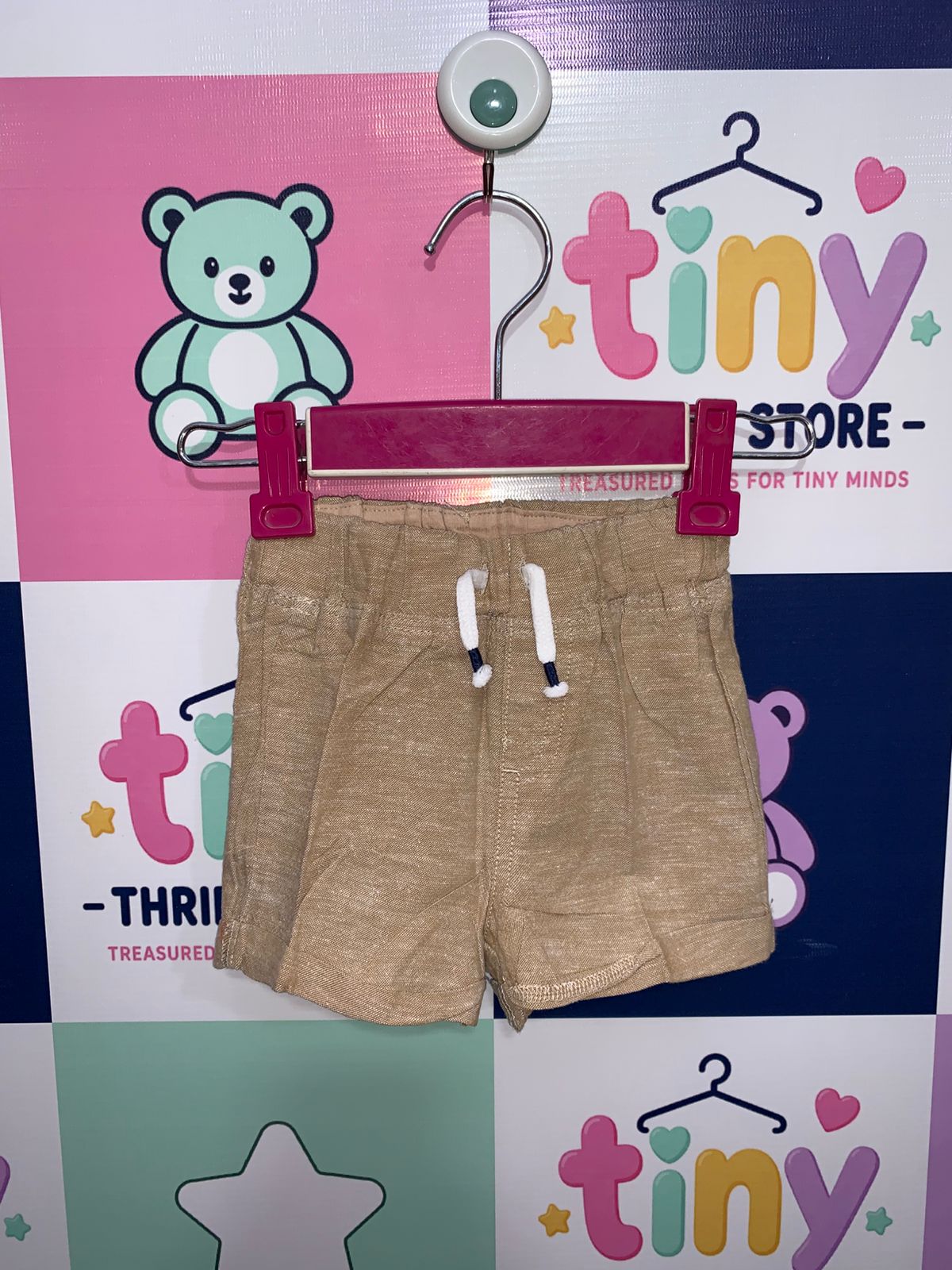H&M Baby Neutral Beige Linen-Blend Pull-On Shorts – Size 4-6 Months AB1