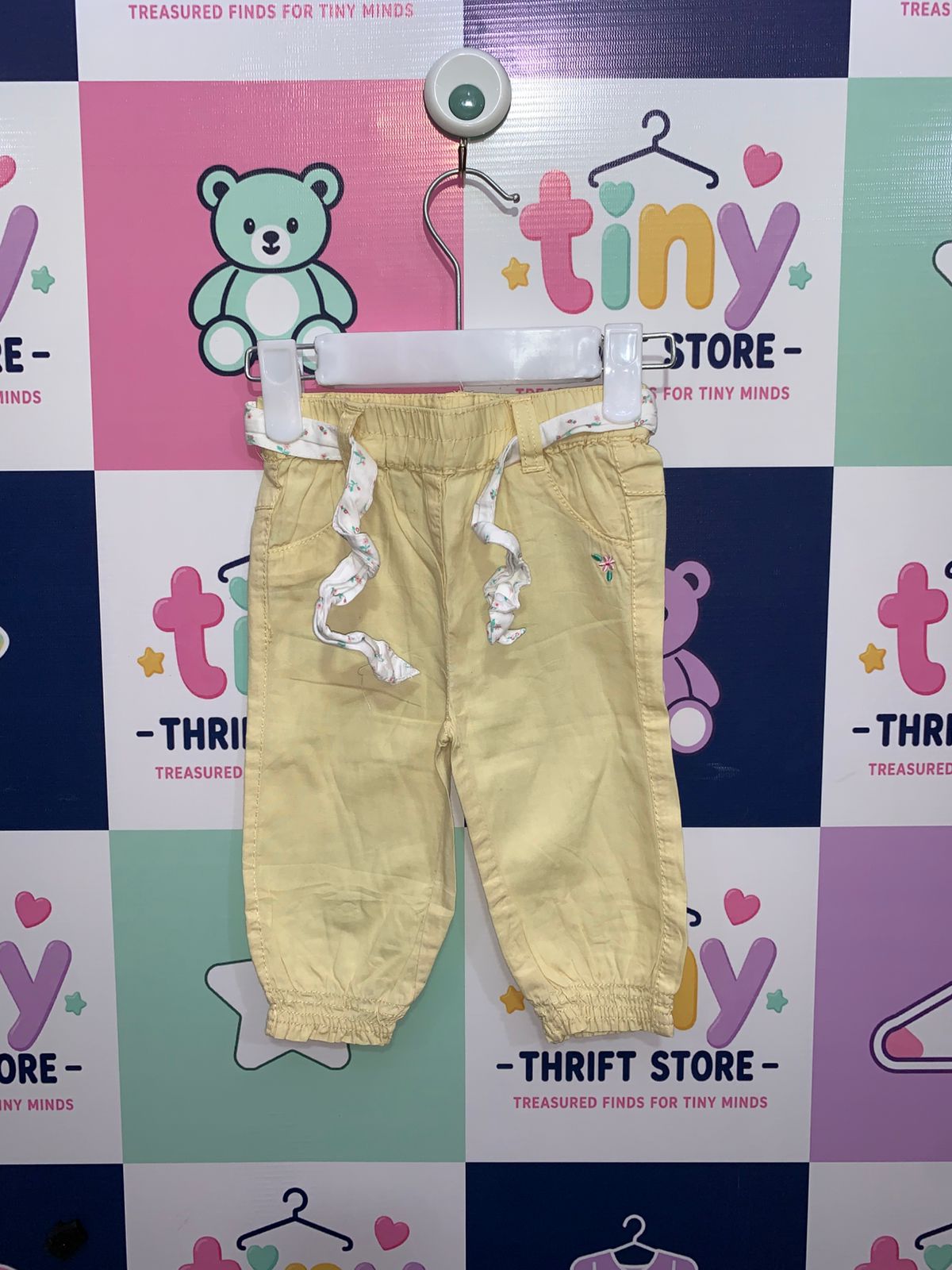 Zeeman Baby Girls Pale Yellow Cotton Trousers with Floral Belt - 6M AB1