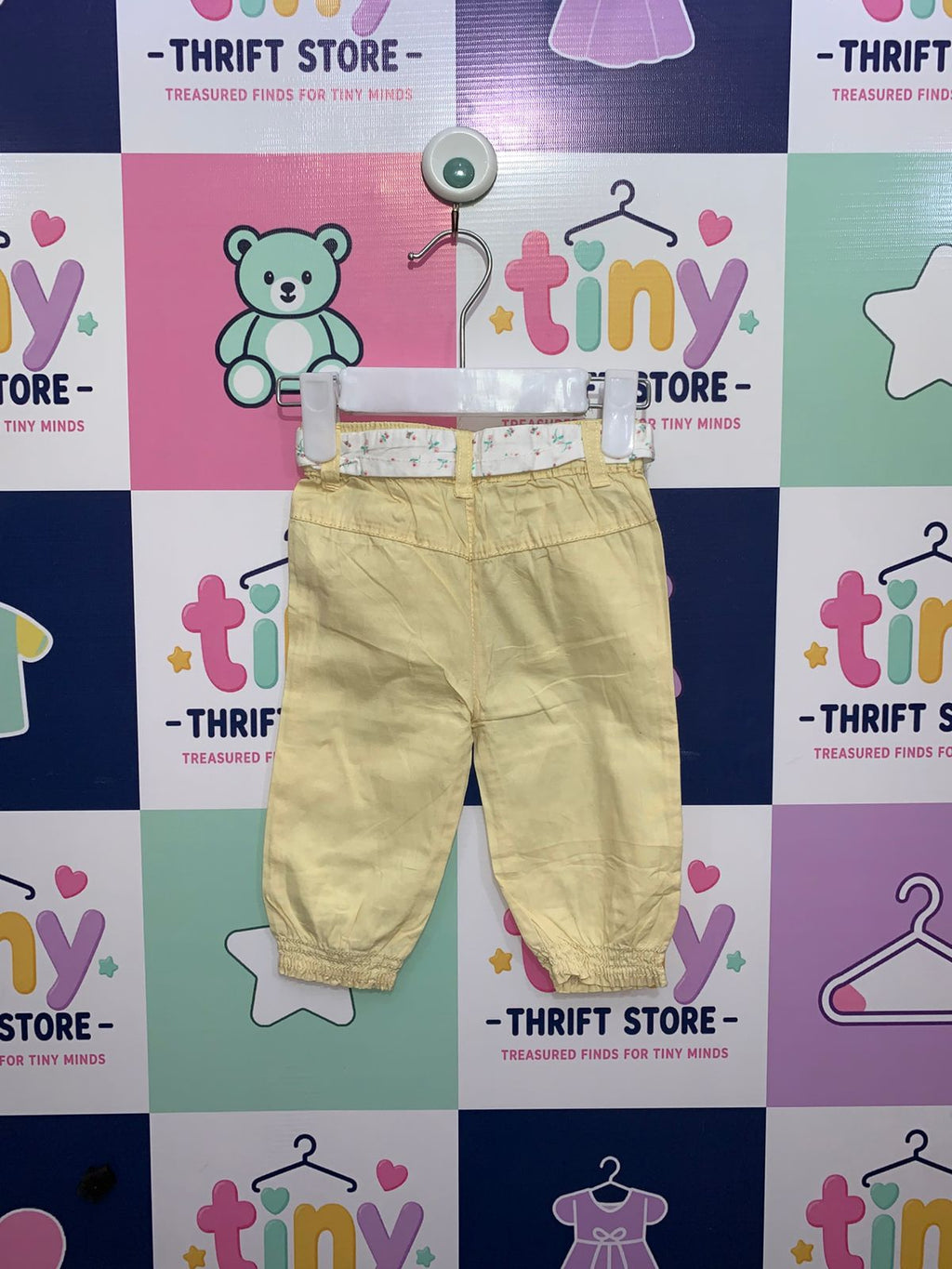 Zeeman Baby Girls Pale Yellow Cotton Trousers with Floral Belt - 6M AB1