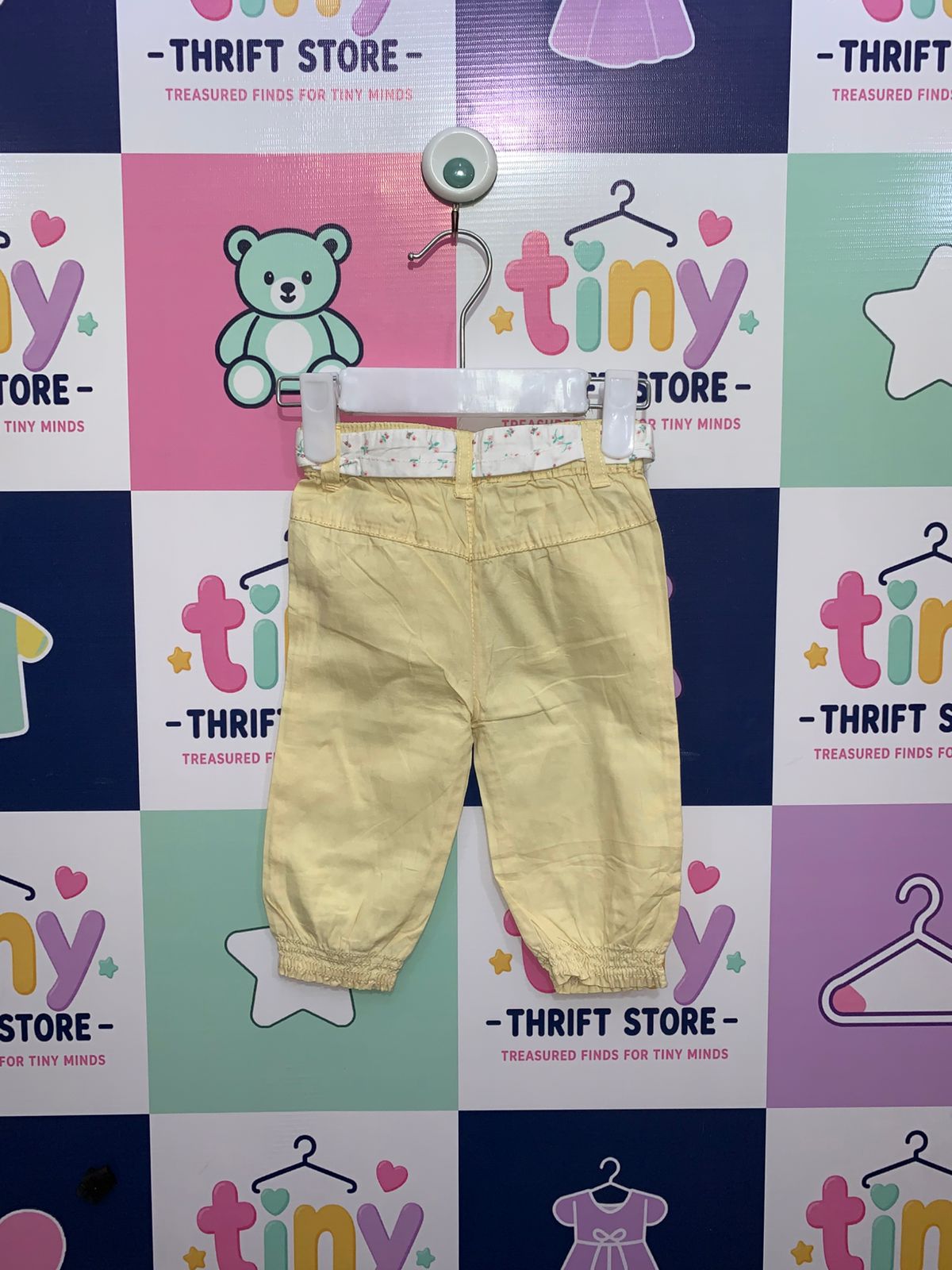 Zeeman Baby Girls Pale Yellow Cotton Trousers with Floral Belt - 6M AB1