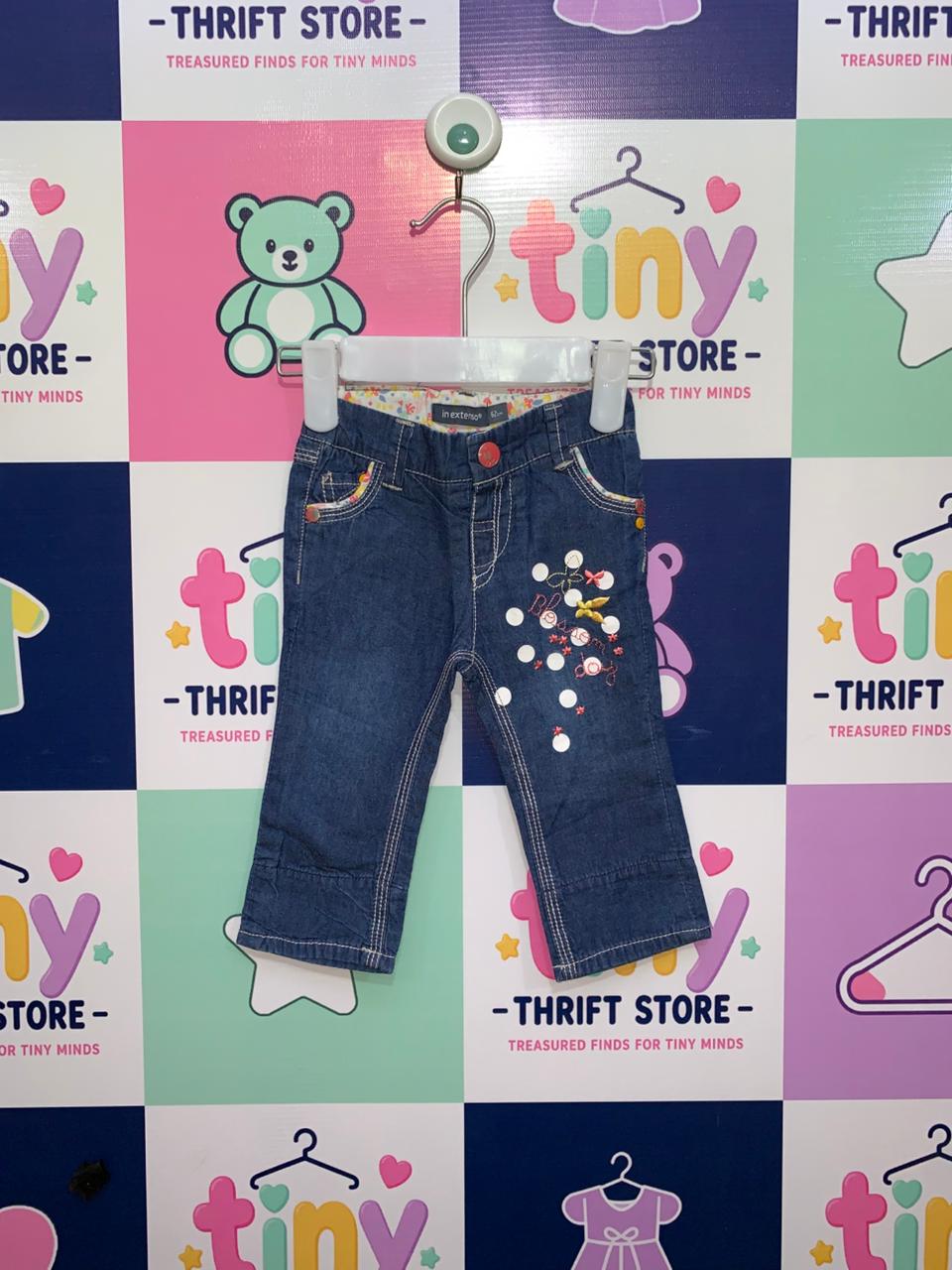 In extenso Baby Girls' Dark Blue Denim Jeans with White Polka Dots and Embroidery 62cm (Approx. 3-6 months) AB1