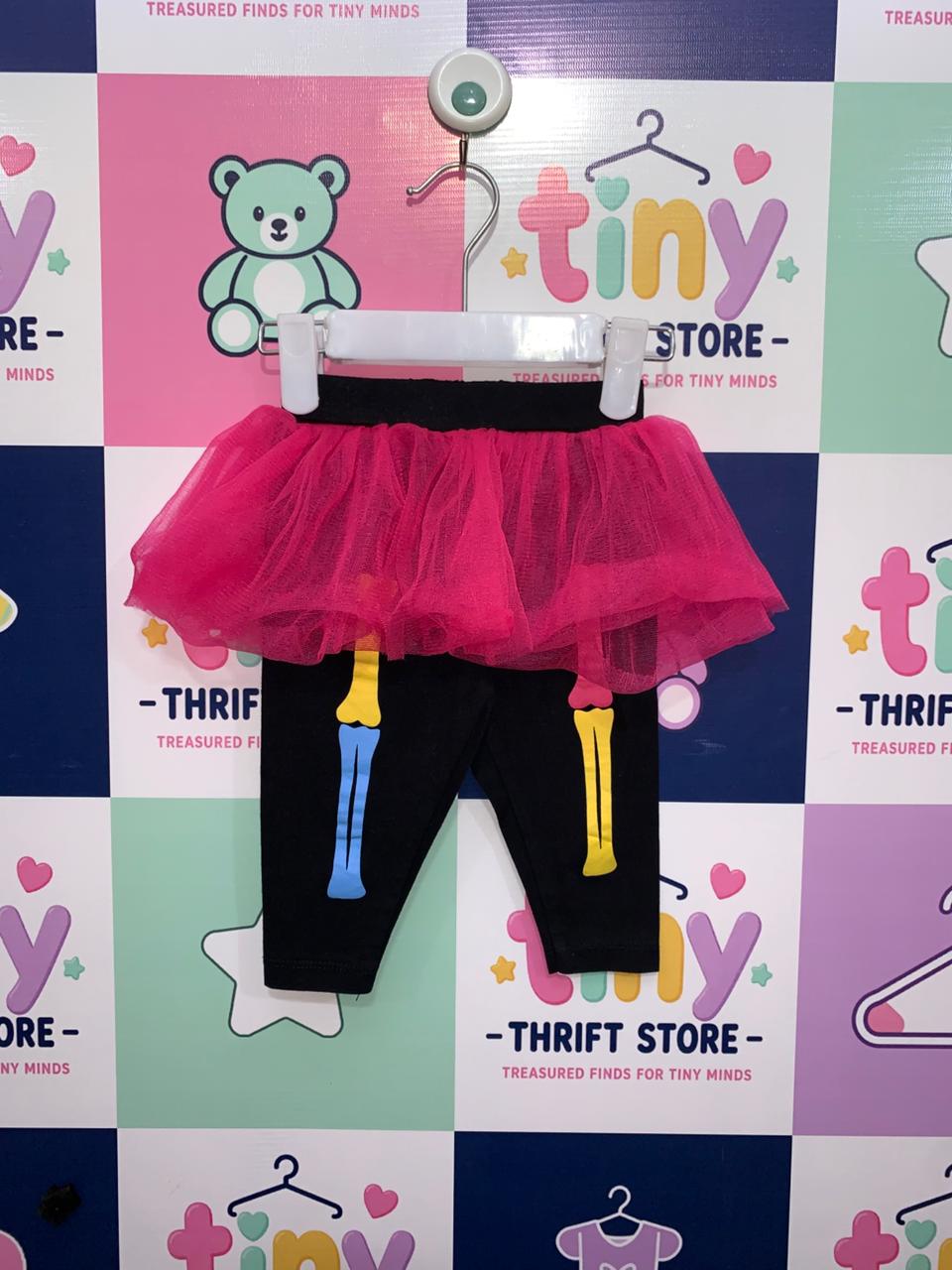 Baby Girls Funky Skeleton Bone Print Leggings with Hot Pink Tulle Tutu Skirt 0-3M AB1