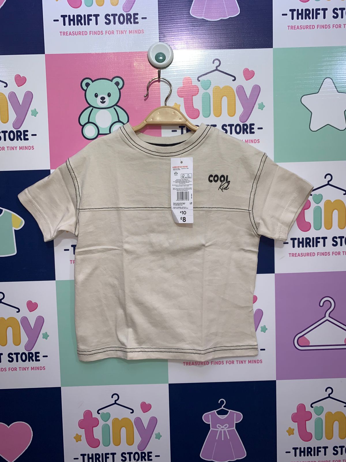 F&F Baby Boys Beige "Cool Kid" Contrast Stitch Cotton T-Shirt - Size 18-24 Months AB1