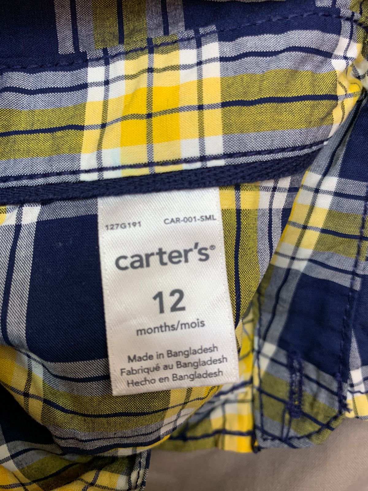 Carter's Baby Boy Blue and Yellow Plaid Long Sleeve Button-Down Bodysuit Size: 12 Months AB1