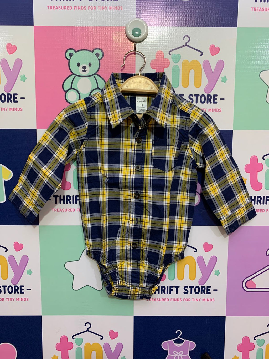 Carter's Baby Boy Blue and Yellow Plaid Long Sleeve Button-Down Bodysuit Size: 12 Months AB1