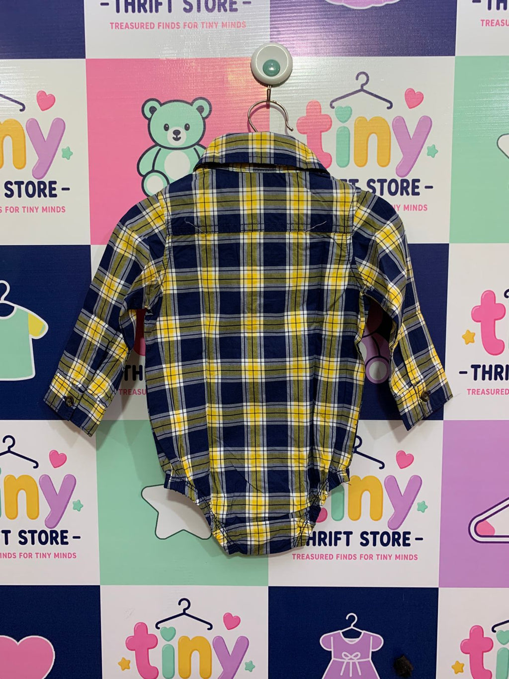 Carter's Baby Boy Blue and Yellow Plaid Long Sleeve Button-Down Bodysuit Size: 12 Months AB1