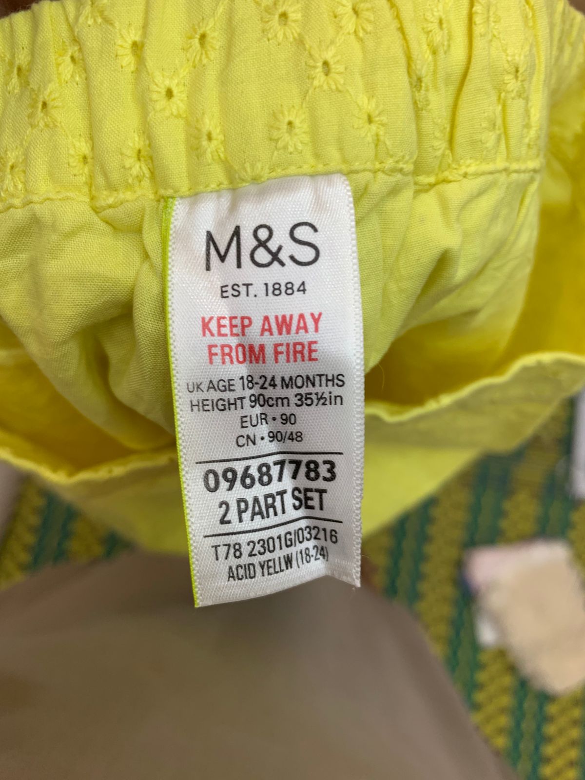 M&S Baby Girls Acid Yellow Broderie Cotton Shorts (18-24 Months) - AB1