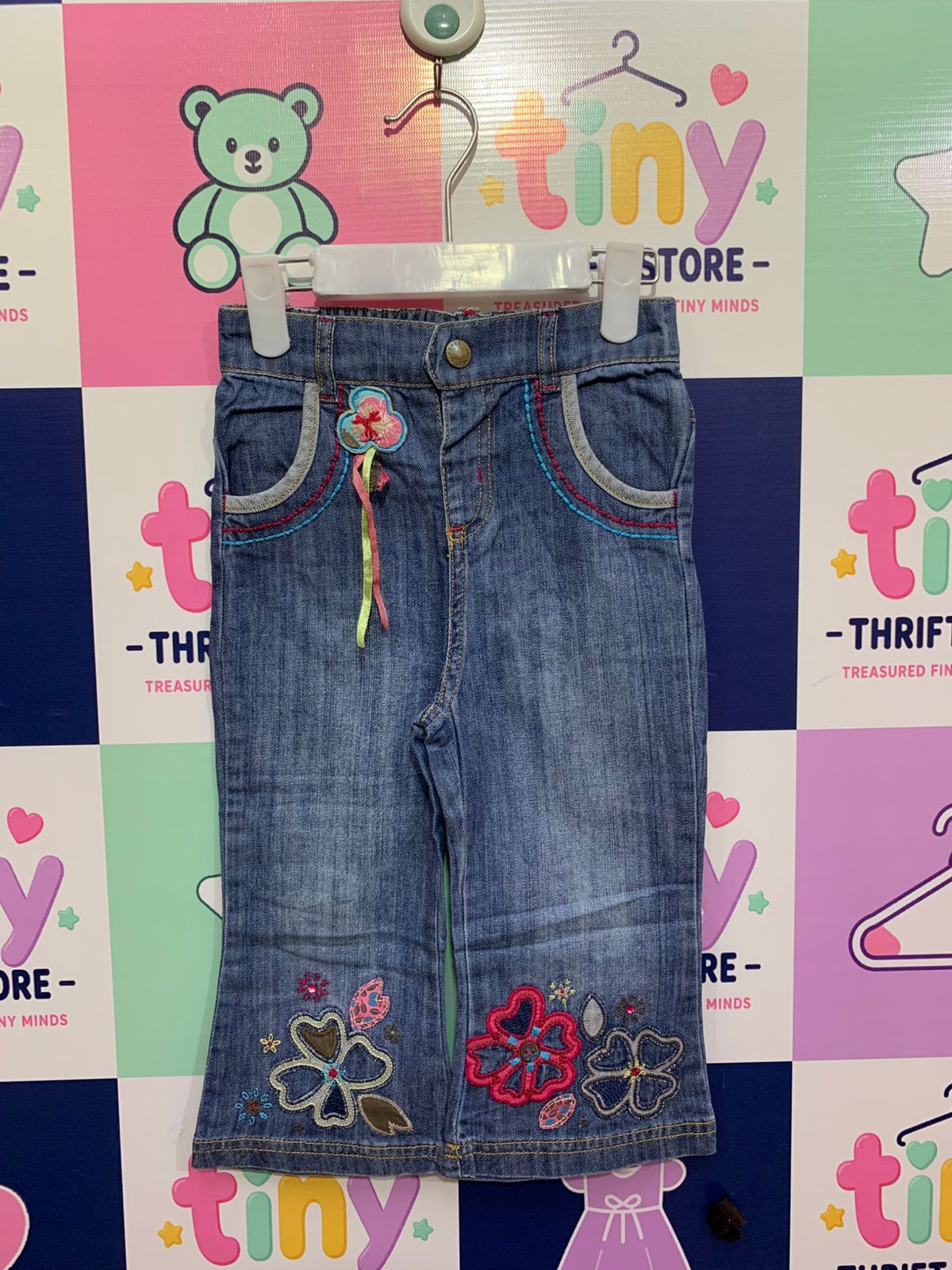 Mamas & Papas Girls Floral Embroidered Bootcut Denim Jeans - Size 18-23M AB1