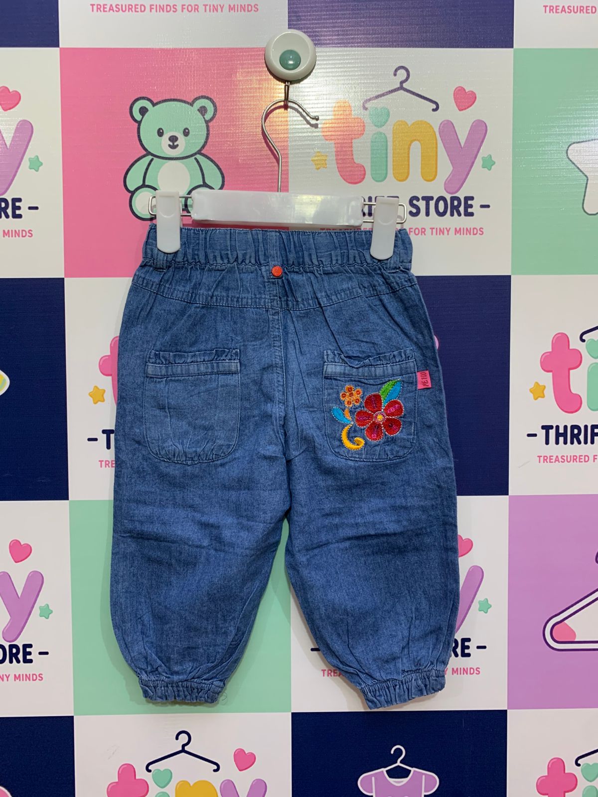 Me Too Toddler Girls Embroidered Floral Denim Joggers Size: 12-18 Months (80 cm) AB1