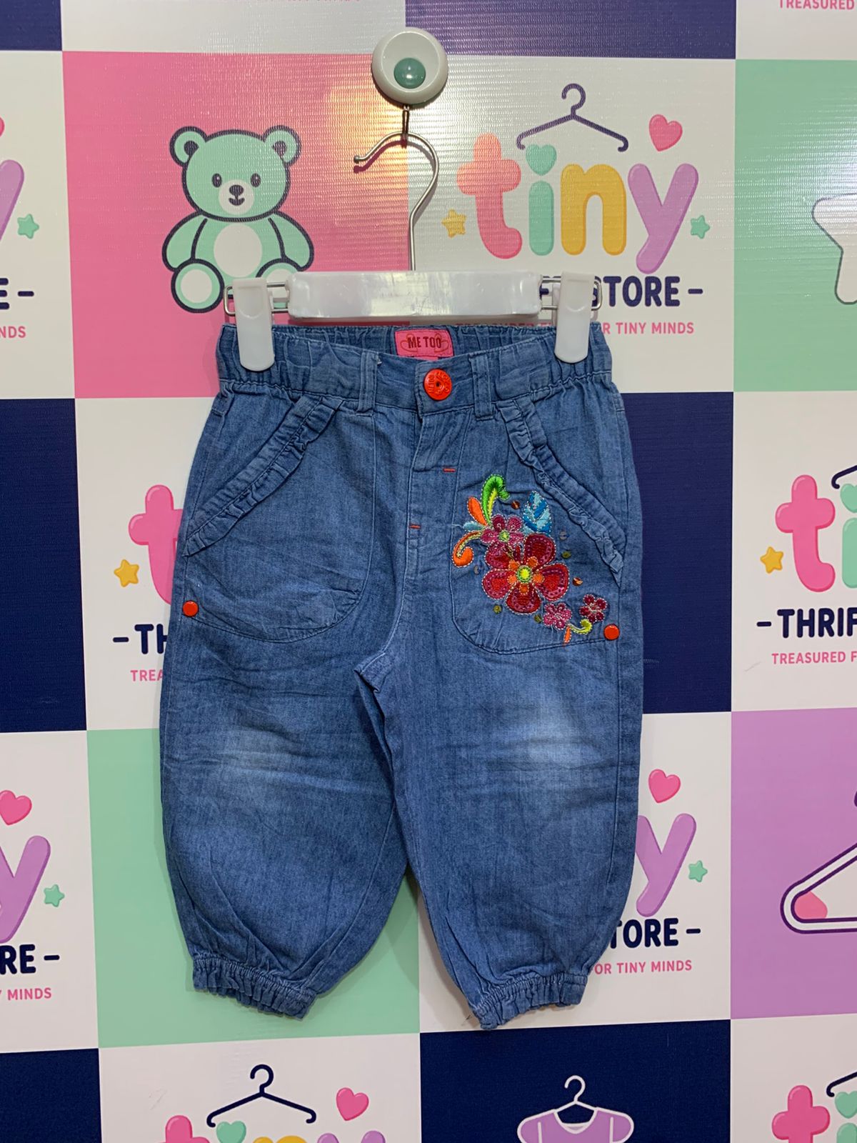 Me Too Toddler Girls Embroidered Floral Denim Joggers Size: 12-18 Months (80 cm) AB1