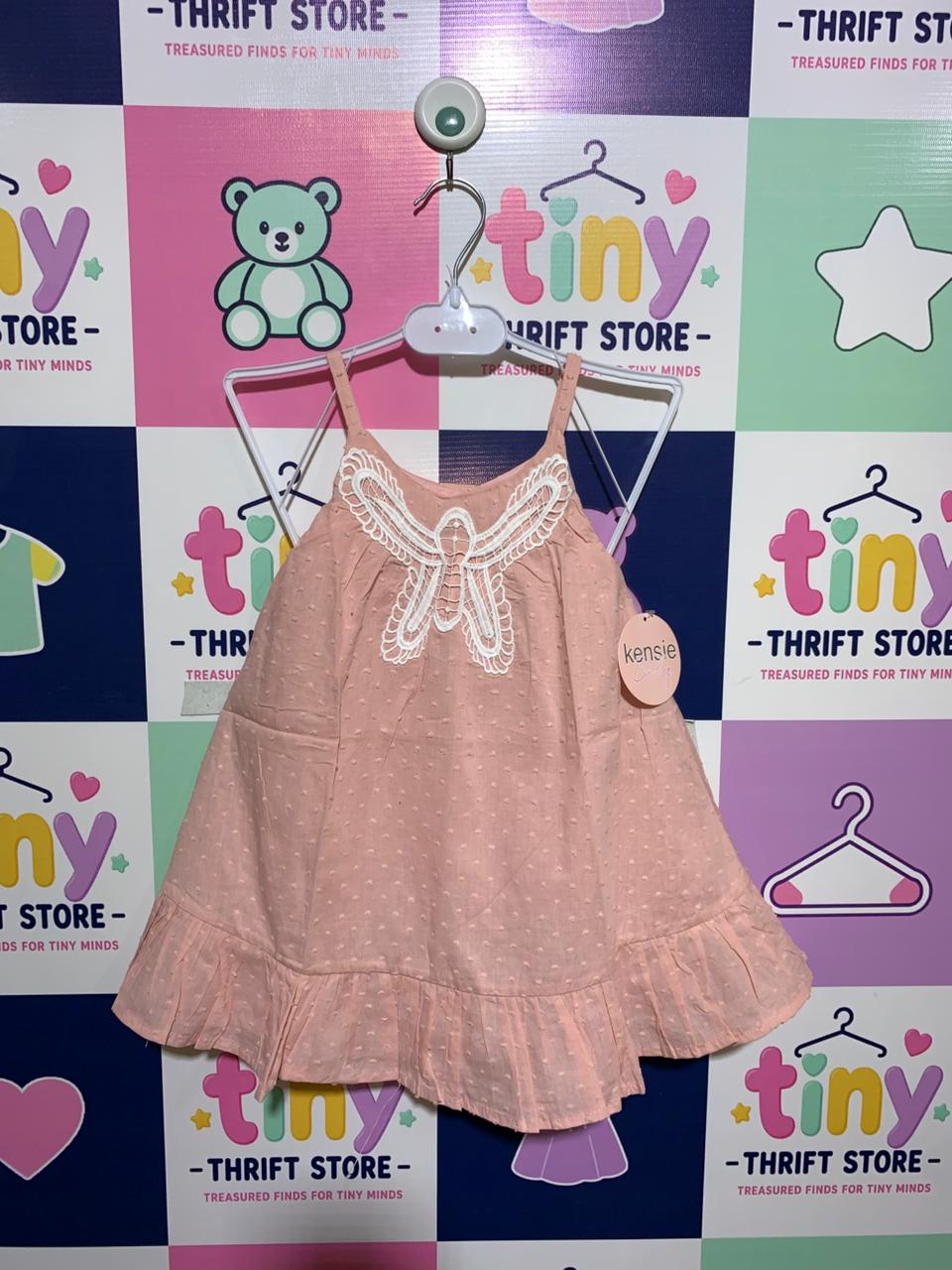 Kensie Baby Peach Swiss Dot Sleeveless Dress with Lace Butterfly Detail - Size 18 Months (1 to 1.5 Years) - AB1