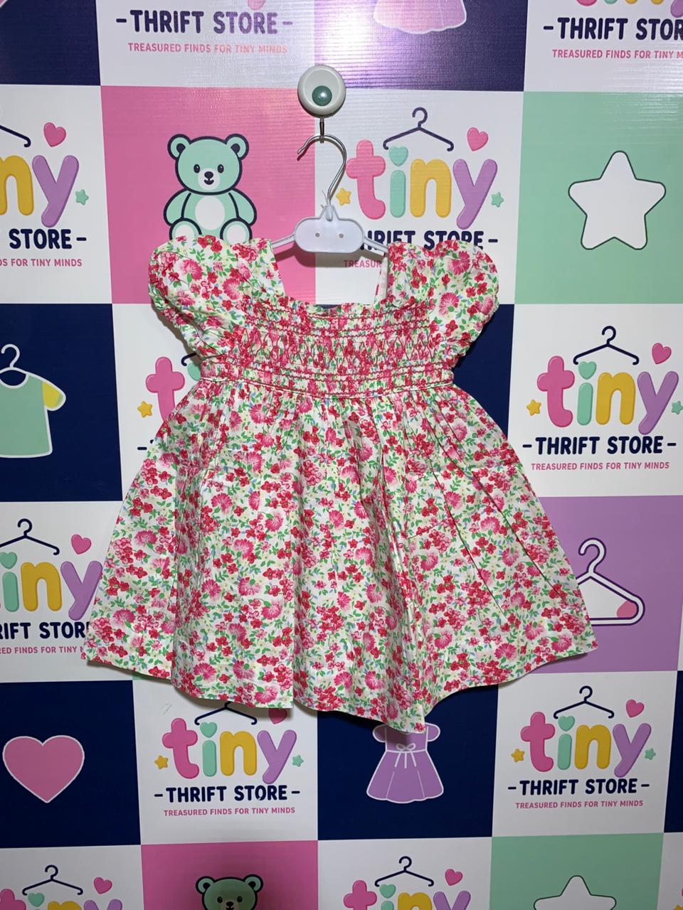 Ralph Lauren Baby Girls Pink & Green Floral Smocked Cotton Dress - Size 12M (Estimated 9-12 Months) AB1