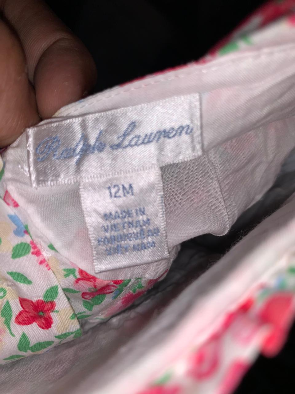 Ralph Lauren Baby Girls Pink & Green Floral Smocked Cotton Dress - Size 12M (Estimated 9-12 Months) AB1
