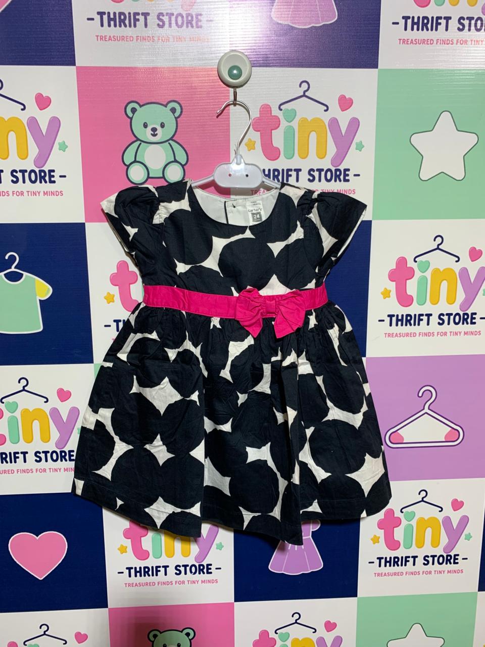 Carter's Baby Girls Navy & White Polka Dot Dress with Pink Bow - Size 24M (Estimated 2 Years Old) AB1