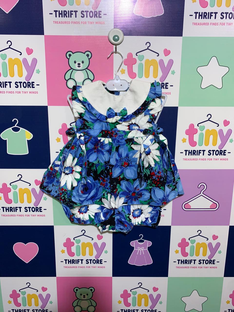 Simi Baby Girls Blue Floral Vintage-Style Romper with Peter Pan Collar - Size 18M (Estimated 1.5 Years Old) AB1